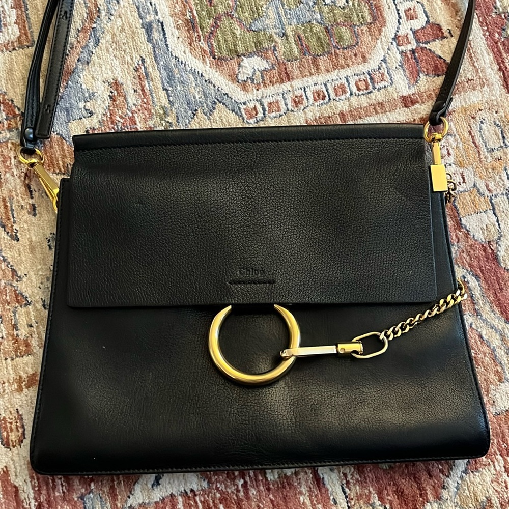 Chloe Faye Black Leather Shoulder Bag with Gold Ring Hardware